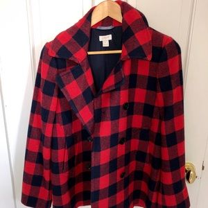 J. Crew Red/Navy Blue Plaid Peacoat